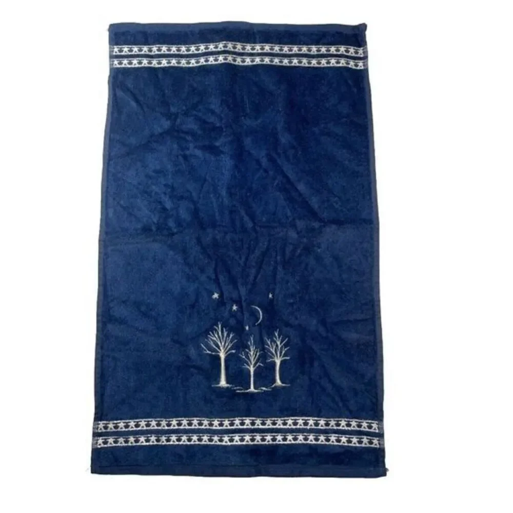 Vtg. Santens Christmas Embroidered Silver Tree Blue Towel NWOT 16x26